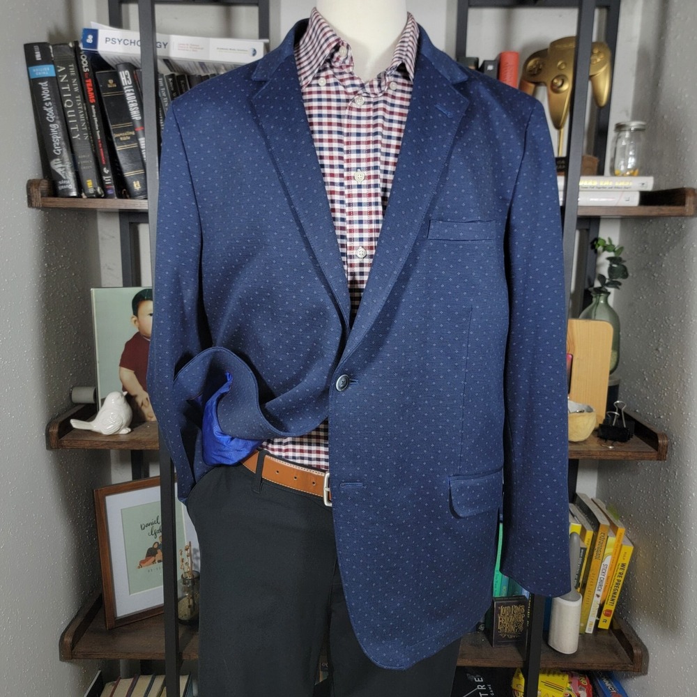 Ben Sherman Tailoring Mens Sport Coat Blazer Two Button Navy Blue Poly Blend 48L